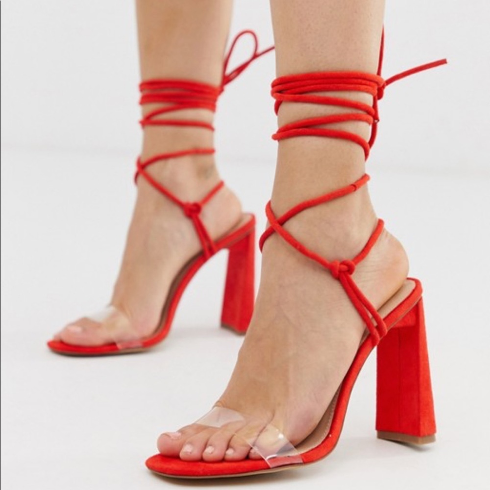 Red tie up sandals with vinyl